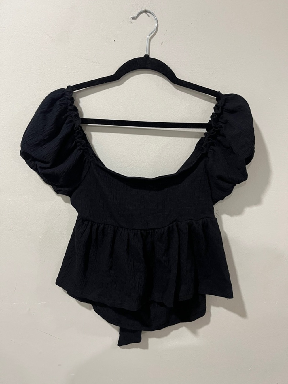 Altar'd State Black Puff Sleeve Peplum Top with Square Neckline